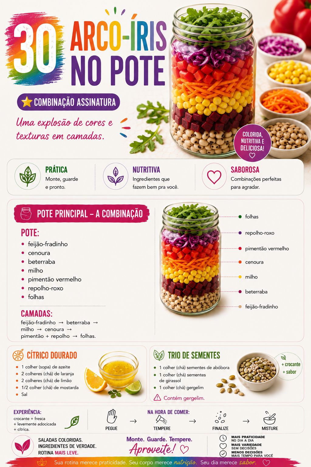 Salada no pote com ingredientes coloridos