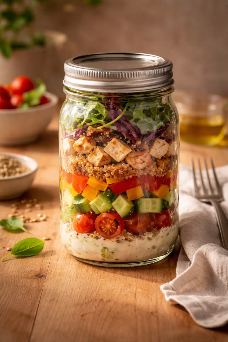 Salada completa montada em camadas em um pote de vidro