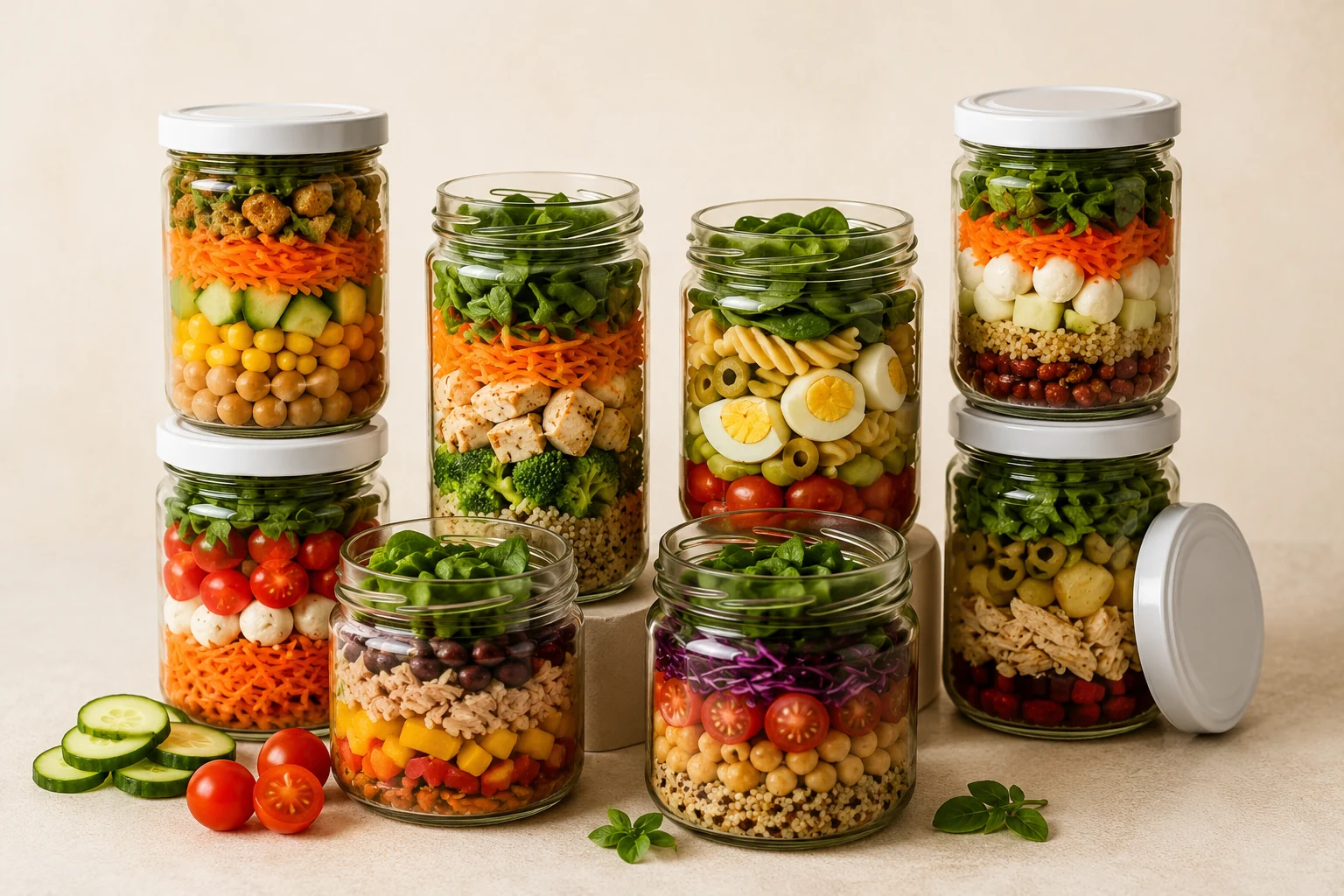 Seleção colorida de saladas montadas em potes de vidro